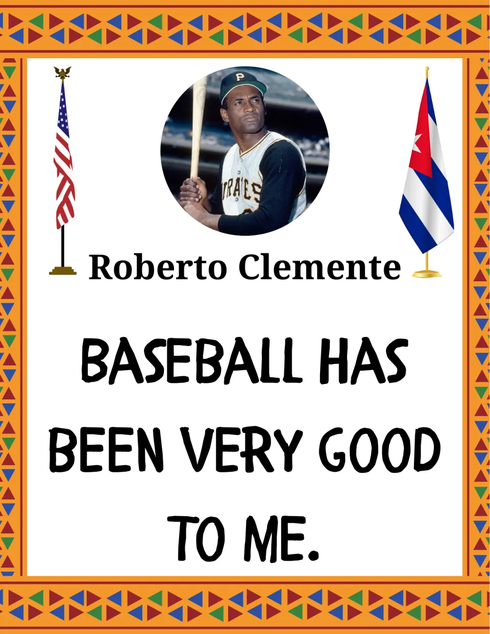 Roberto Clemente quote poster with his photo in a Pirates uniform holding a bat: "Baseball has been very good to me."