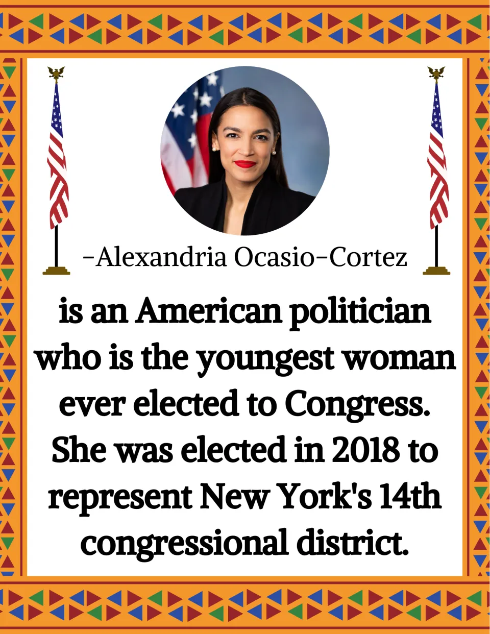 Alexandria Ocasio-Cortez biography poster about her 2018 election to represent New York's 14th district