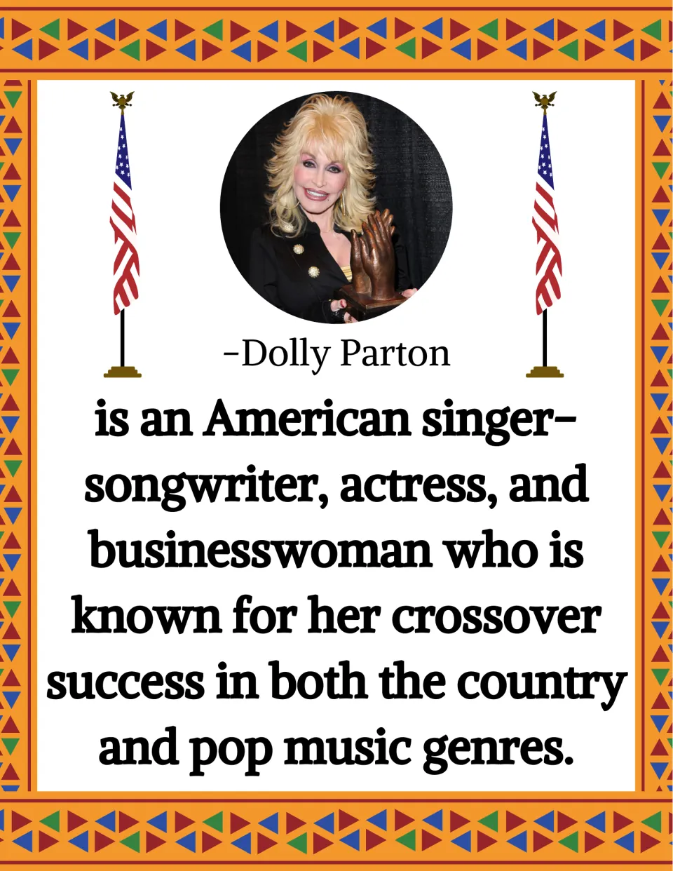 Dolly Parton biography poster with her portrait and text about her success in country and pop music