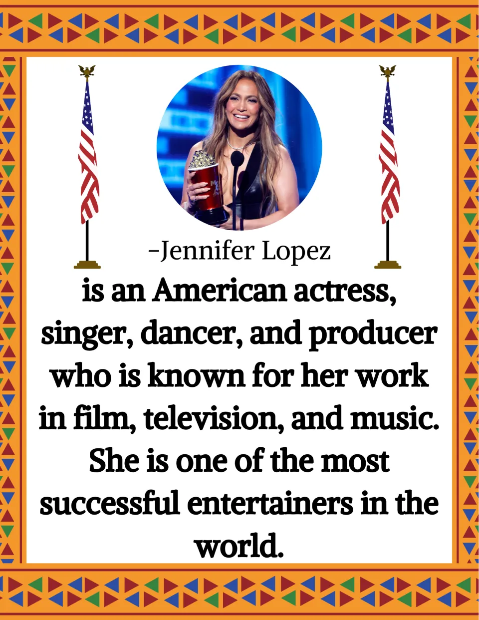Jennifer Lopez biography poster with her portrait and text about her work in film, television, and music