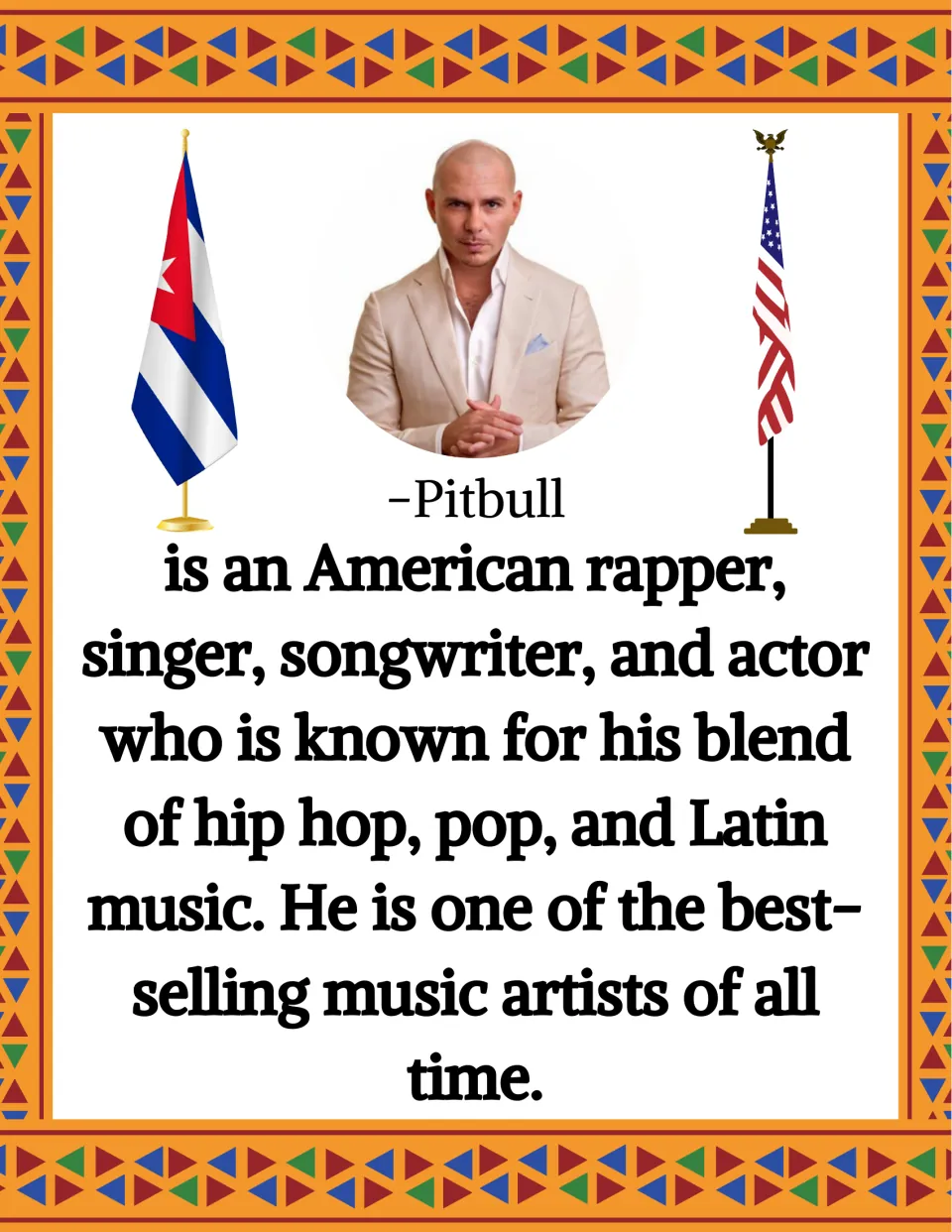 Pitbull biography poster with his portrait and text describing his blend of hip hop, pop, and Latin music