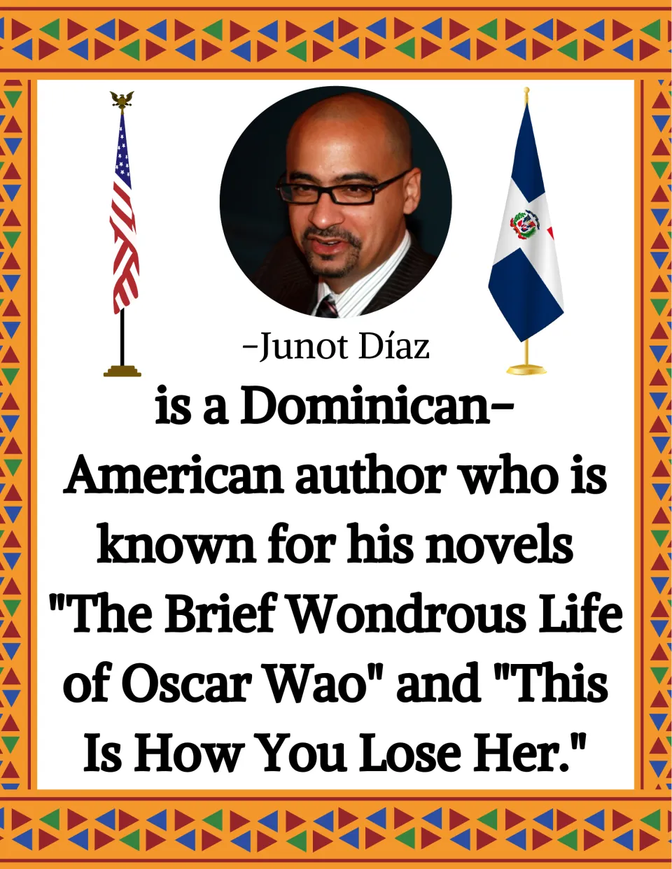 Junot Díaz biography poster with his portrait and text naming The Brief Wondrous Life of Oscar Wao