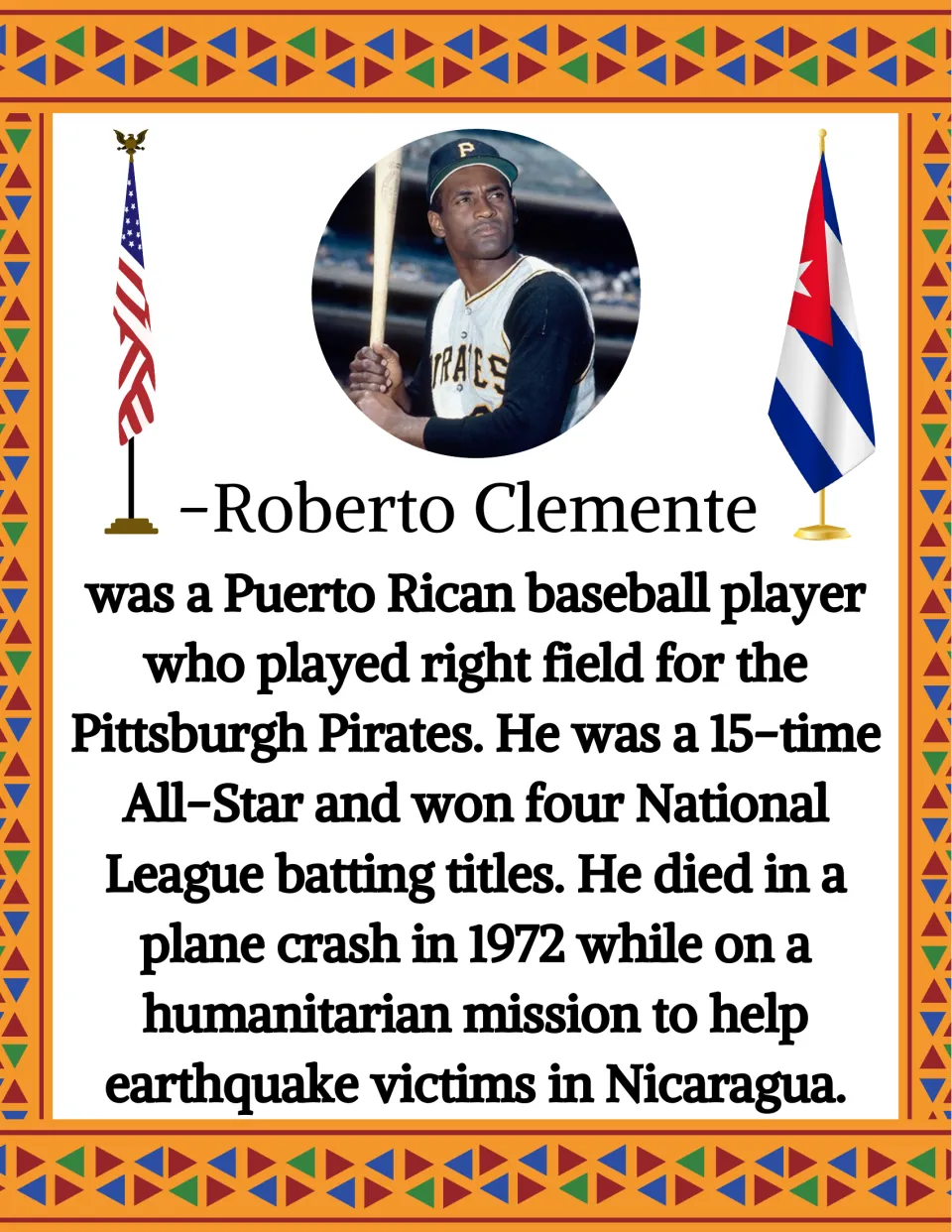 Roberto Clemente biography poster describing his Pittsburgh Pirates career and humanitarian mission