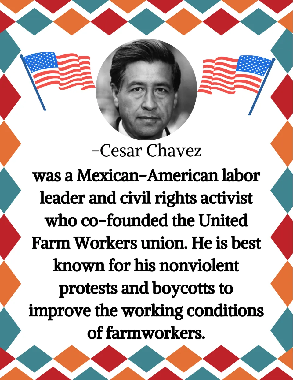 Cesar Chavez poster describing his labor leadership, civil rights activism, and nonviolent farmworker protests