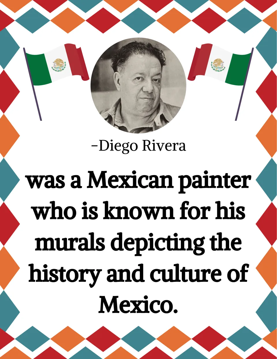 Diego Rivera poster describing the Mexican painter and his murals depicting Mexico's history and culture