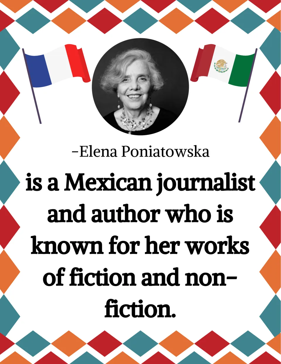 Elena Poniatowska poster describing the Mexican journalist and author known for fiction and nonfiction
