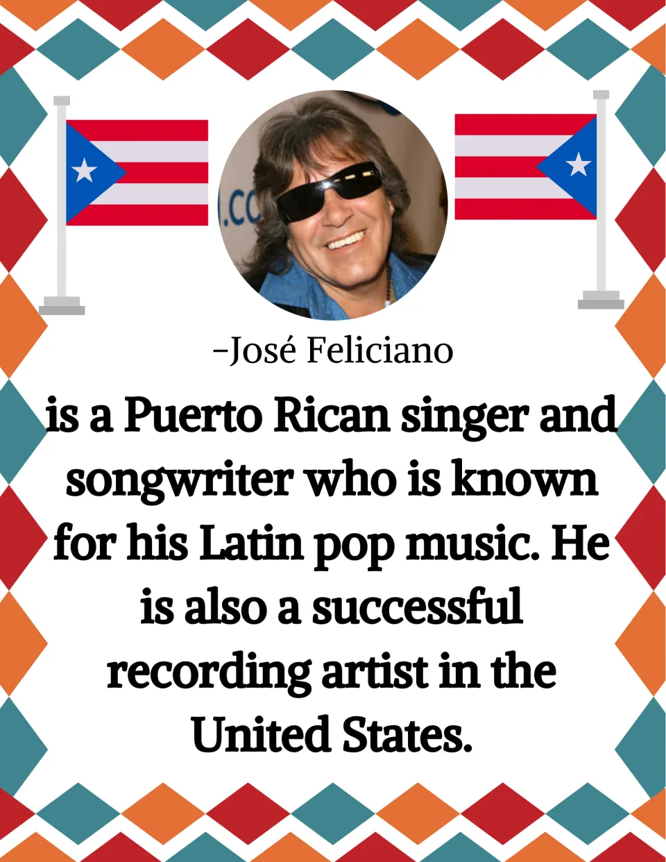 José Feliciano poster describing the Puerto Rican singer-songwriter's Latin pop music and U.S. recording success