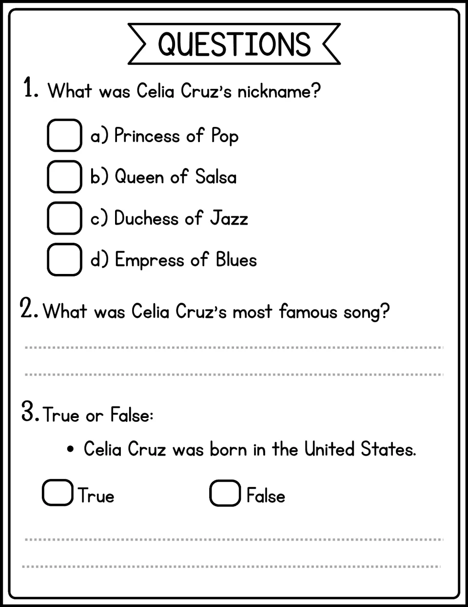 Comprehension questions 1–3 ask about Celia Cruz’s nickname, her most famous song, and her birthplace.