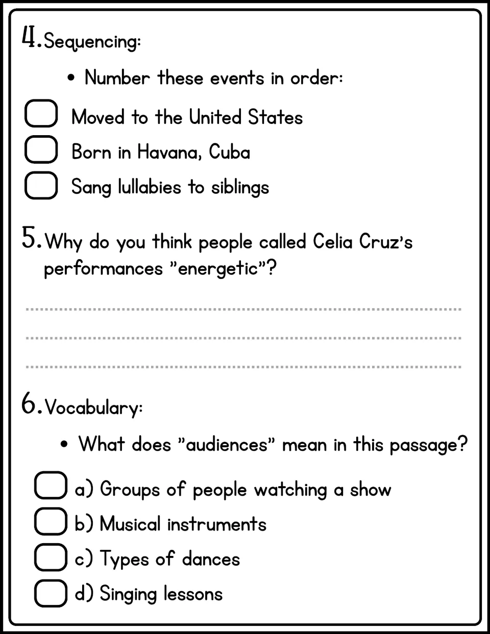 Comprehension questions 4–6 cover Celia Cruz’s life sequence, energetic performances, and “audiences.”