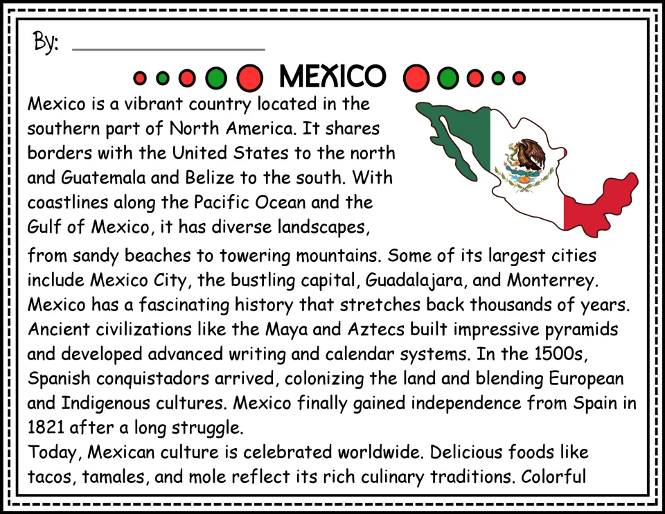 Mexico passage opening in color: geography, major cities, Maya and Aztec history, independence, and food