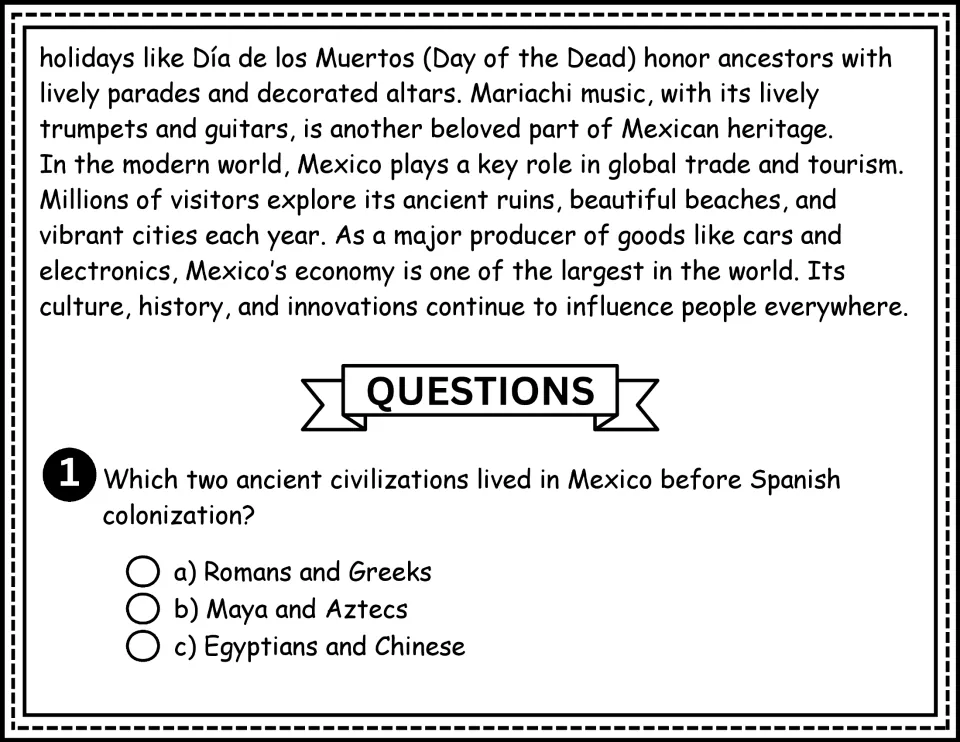 Mexico passage continuation: holidays, mariachi, trade, and tourism; question 1 asks about Maya and Aztecs
