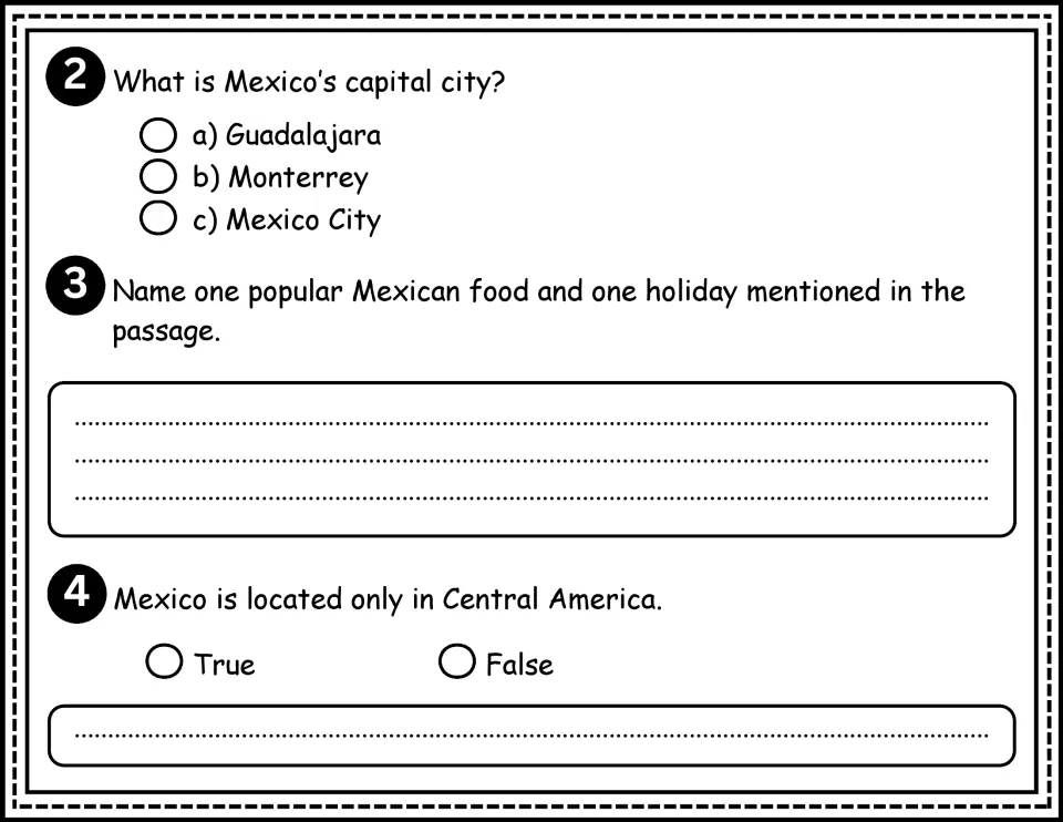 Mexico comprehension questions 2–4 ask about the capital, a food and holiday, and its location in North America