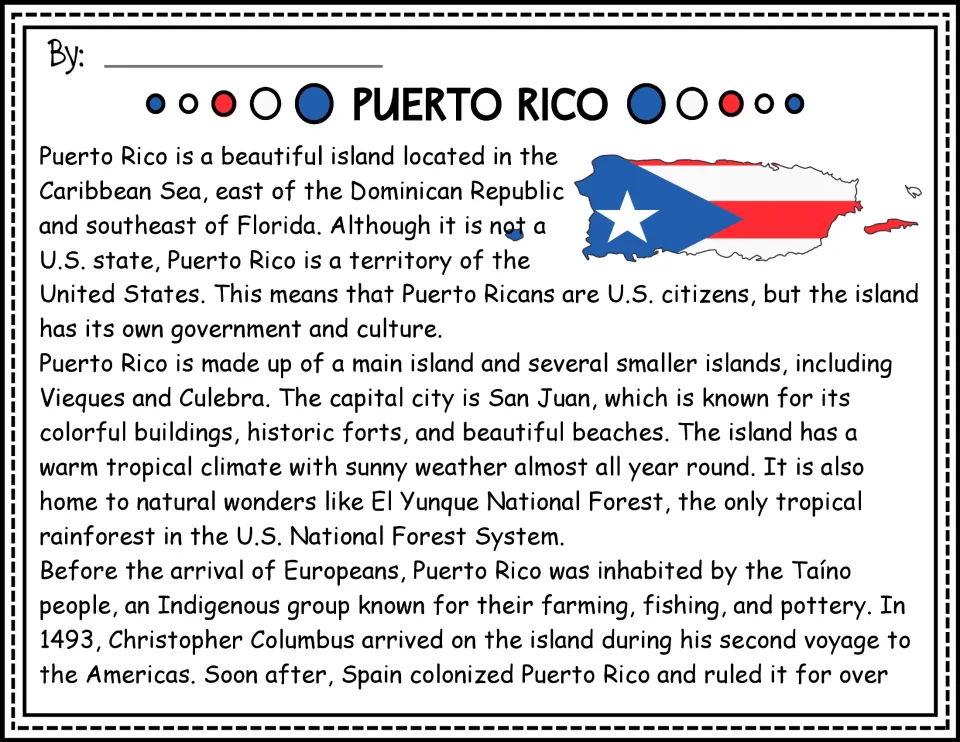 Reading passage opening: Puerto Rico's geography, U.S. territory status, and early history, with a color map