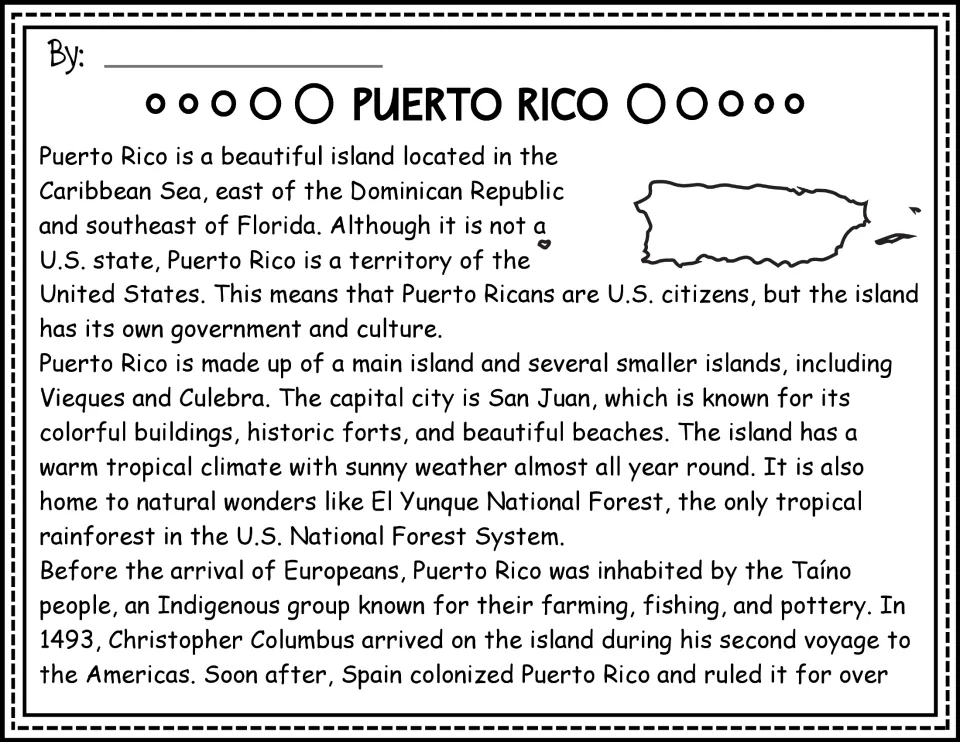 Reading passage opening: Puerto Rico's geography, U.S. territory status, and early history, with an outline map
