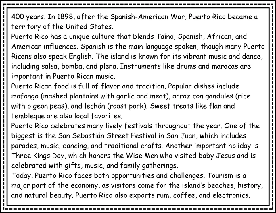 Reading passage continuation: Puerto Rico's history, cultural influences, traditional foods, and festivals