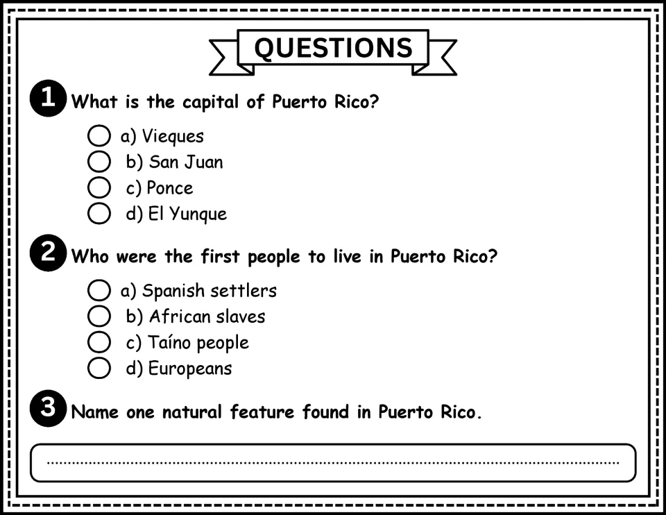 Comprehension questions 1–3: identify Puerto Rico's capital, its early inhabitants, and one natural feature