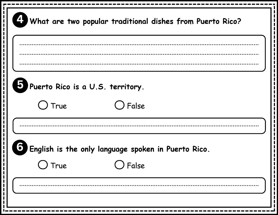 Comprehension questions 4–6: name two Puerto Rican dishes and assess statements about territory and language