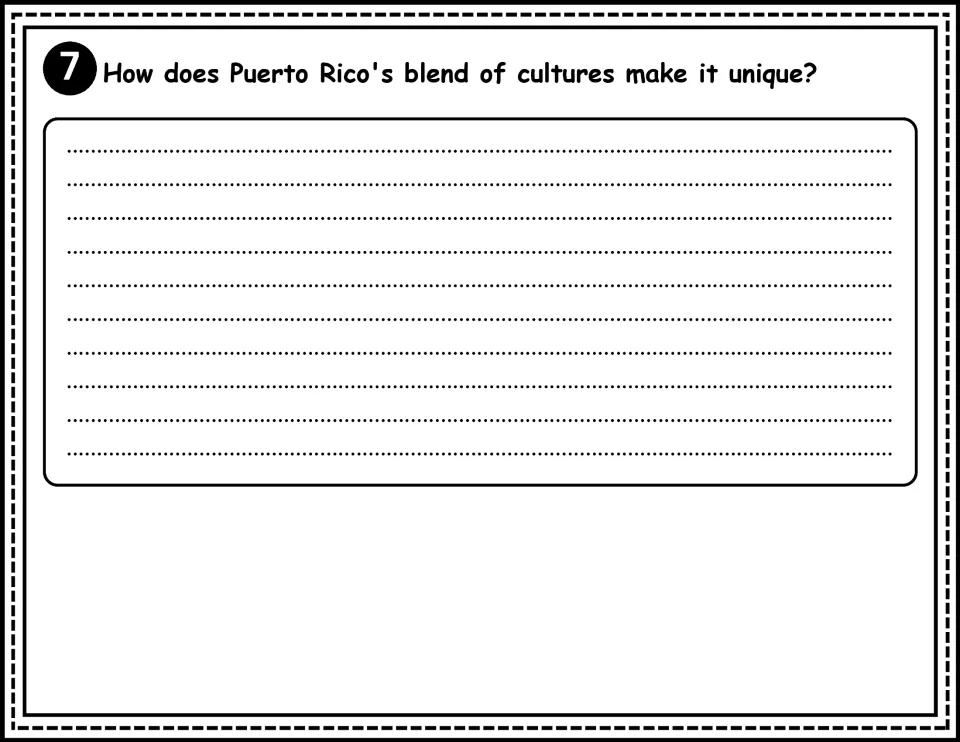 Comprehension question 7: explain how Puerto Rico's blend of cultures makes it unique in a written response
