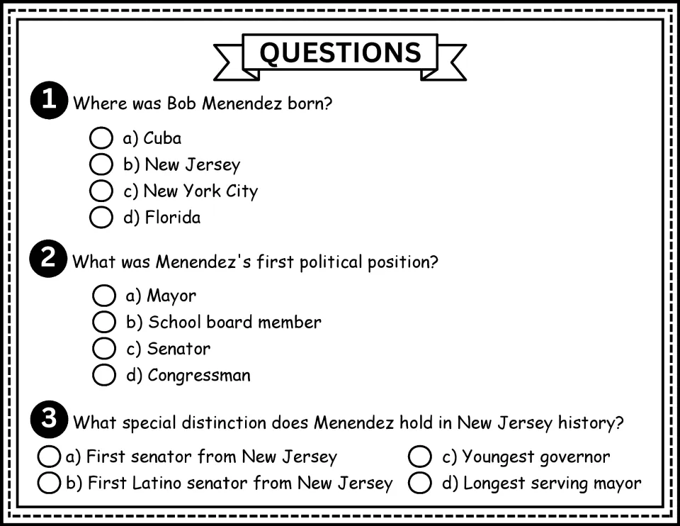 Comprehension questions 1–3: birthplace, first political position, and New Jersey's first Latino senator