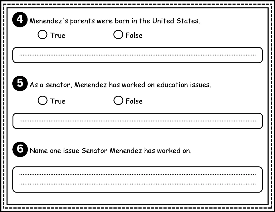 Comprehension questions 4–6: parents' birthplace, work on education, and an issue Menendez worked on