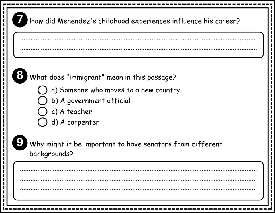 Comprehension questions 7–9: childhood influences, the meaning of immigrant, and senators' backgrounds