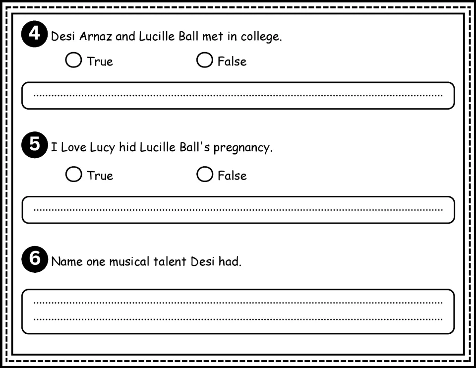 Comprehension questions 4–6 cover meeting Lucille Ball, her pregnancy on I Love Lucy, and Desi's musical talent.