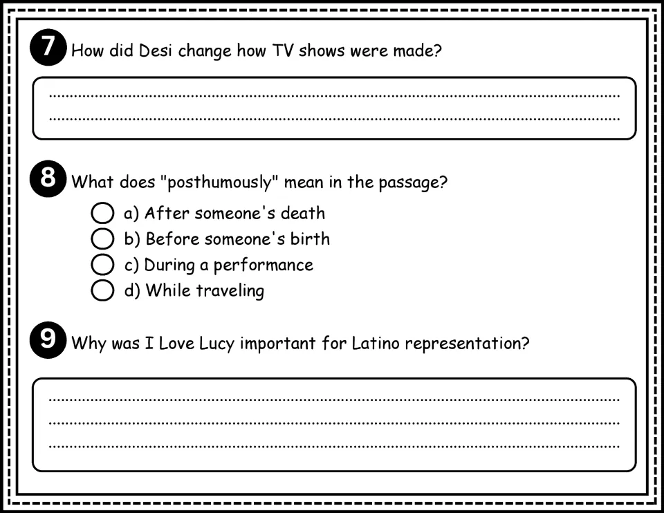 Comprehension questions 7–9 address TV production, the meaning of “posthumously,” and Latino representation.