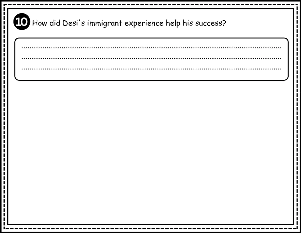 Comprehension question 10 asks students to explain how Desi Arnaz's immigrant experience helped his success.