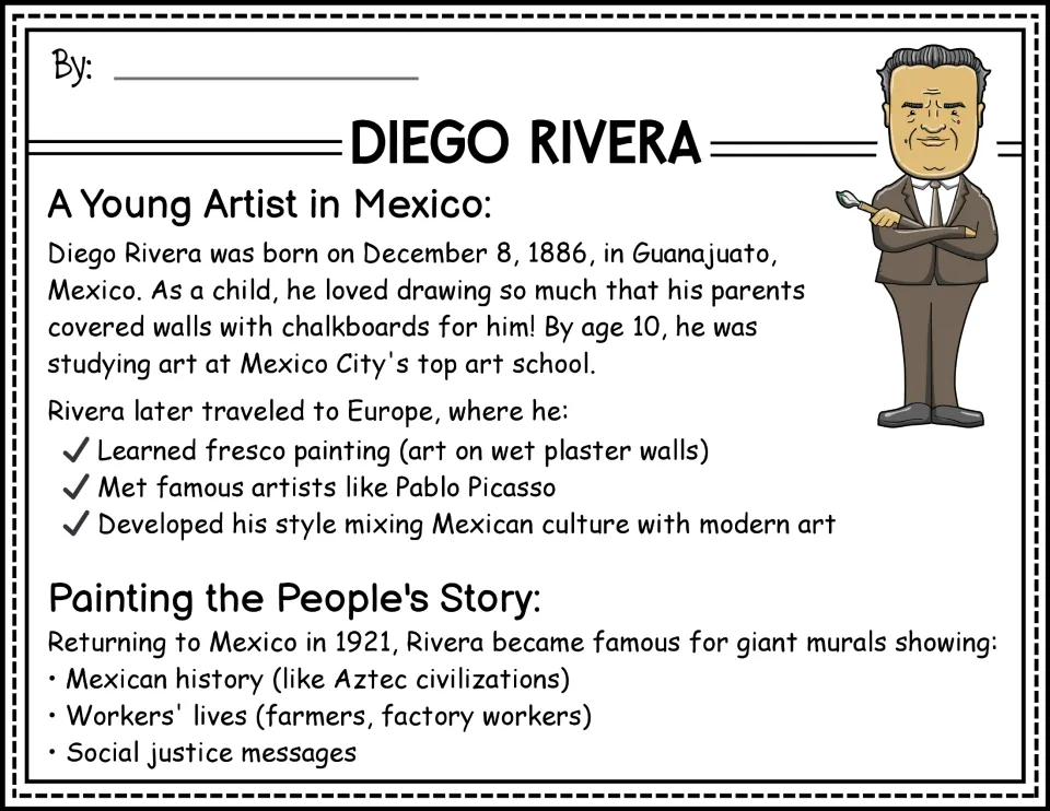 Biography opening: Diego Rivera's childhood in Mexico, art studies, European travels, and mural subjects