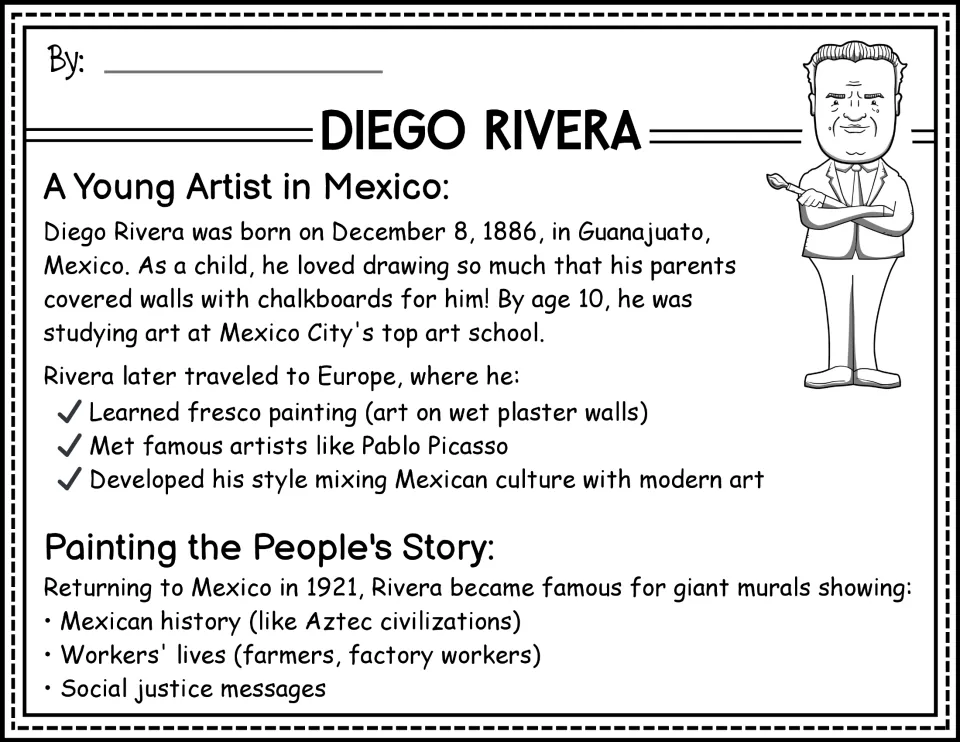 Biography opening repeated: Rivera's childhood, fresco training, and murals about Mexican history and workers