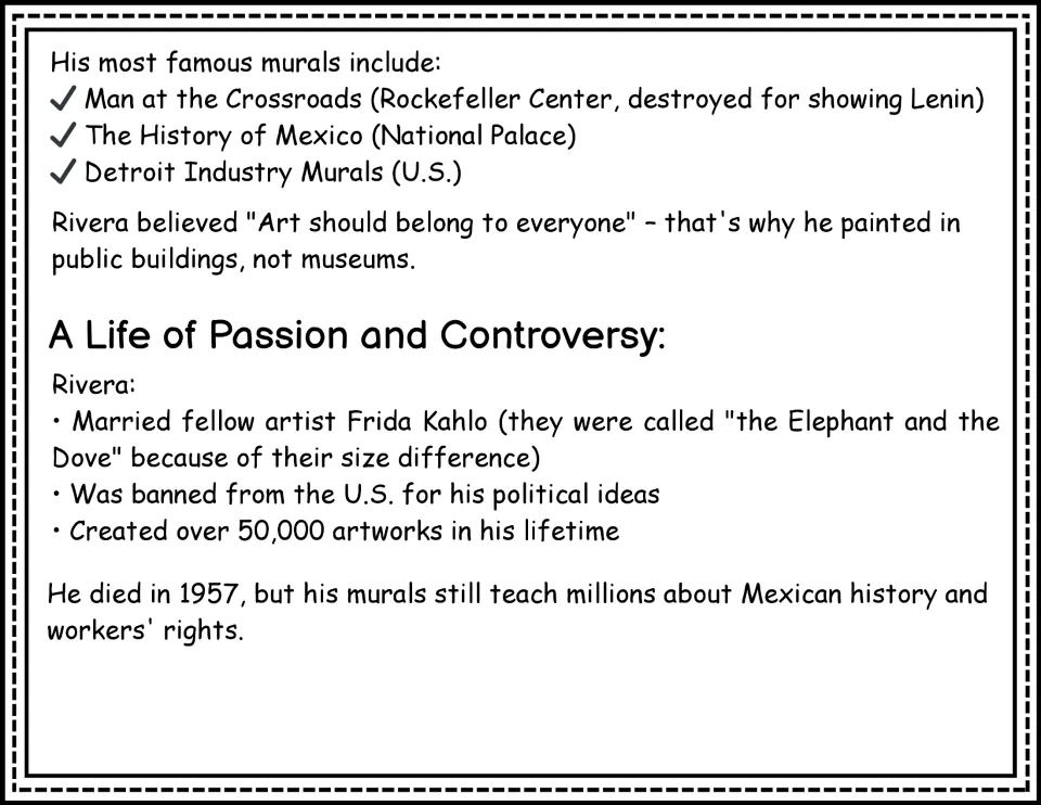 Biography continuation: Rivera's famous murals, belief in public art, marriage to Frida Kahlo, and legacy