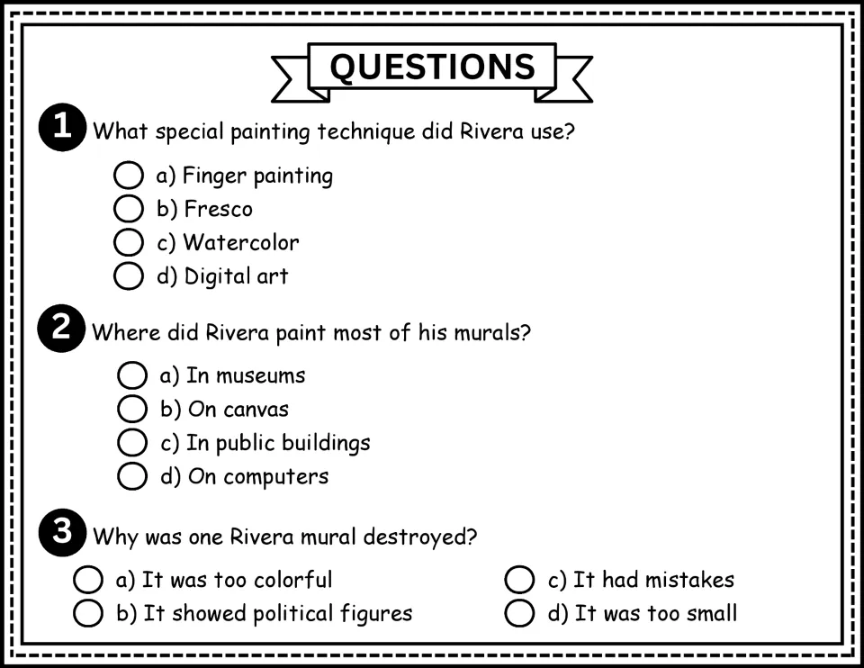 Comprehension questions 1–3 ask about Rivera's painting technique, mural locations, and a destroyed mural