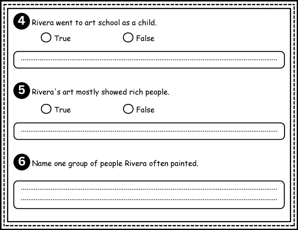 Comprehension questions 4–6 cover Rivera's childhood art schooling and the groups of people he painted