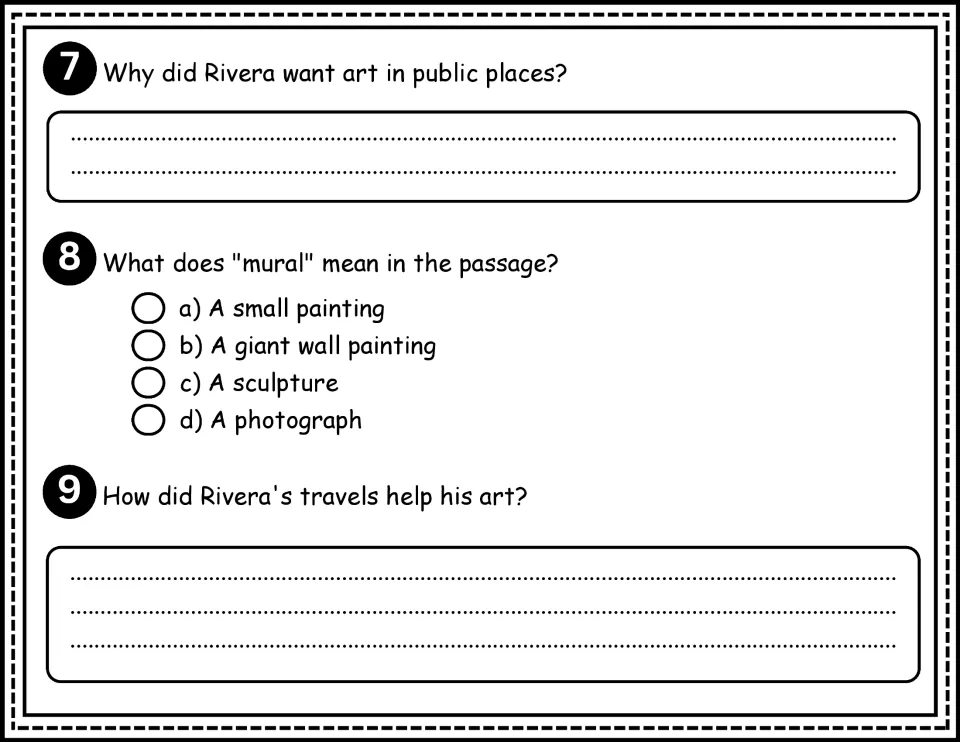 Comprehension questions 7–9 ask why Rivera wanted public art, what mural means, and how travel helped him