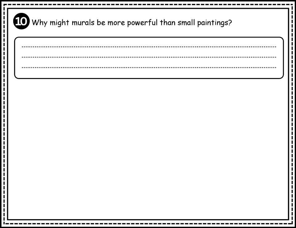 Comprehension question 10 asks students to explain why murals might be more powerful than small paintings