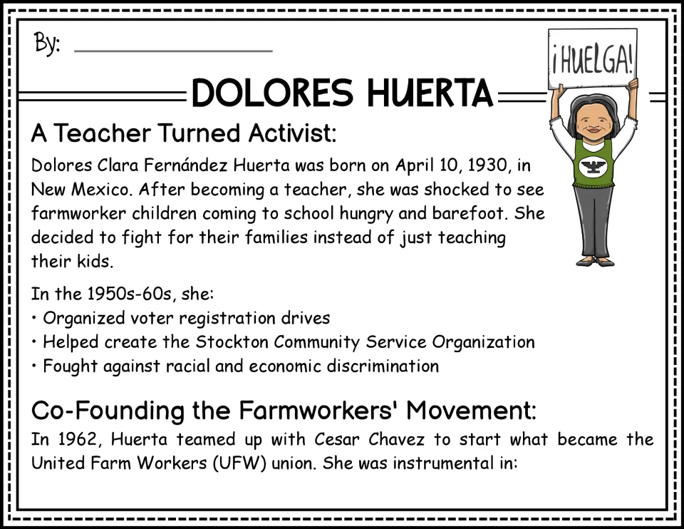 Biography opening: Dolores Huerta leaves teaching, organizes voters, and co-founds United Farm Workers.