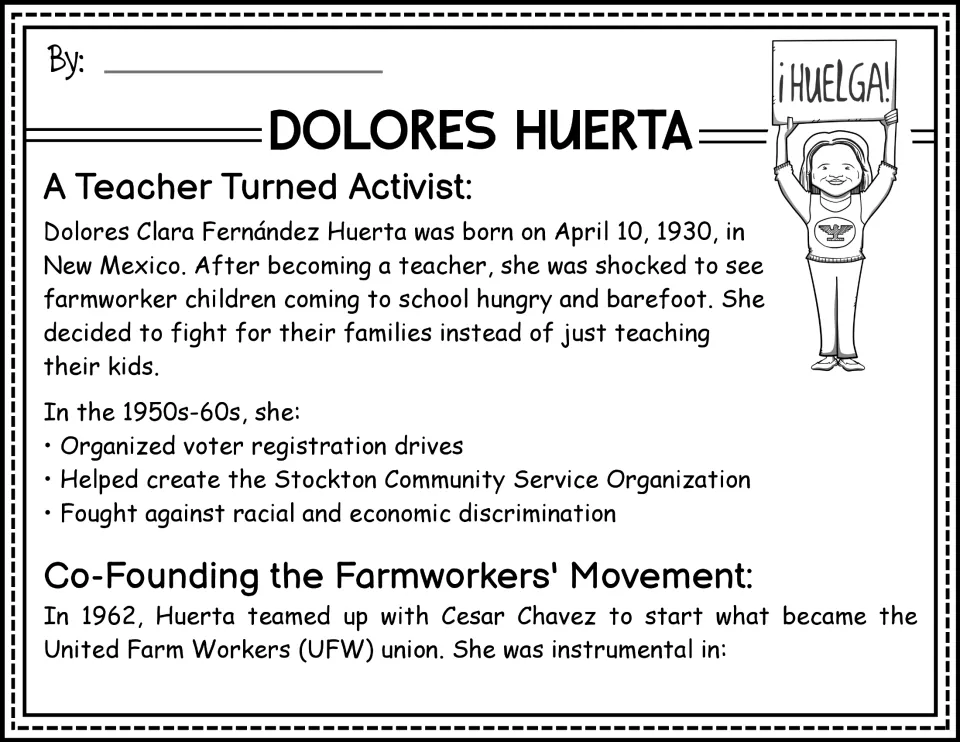Biography opening repeated: Huerta's teaching, voter registration work, and farmworker union organizing.