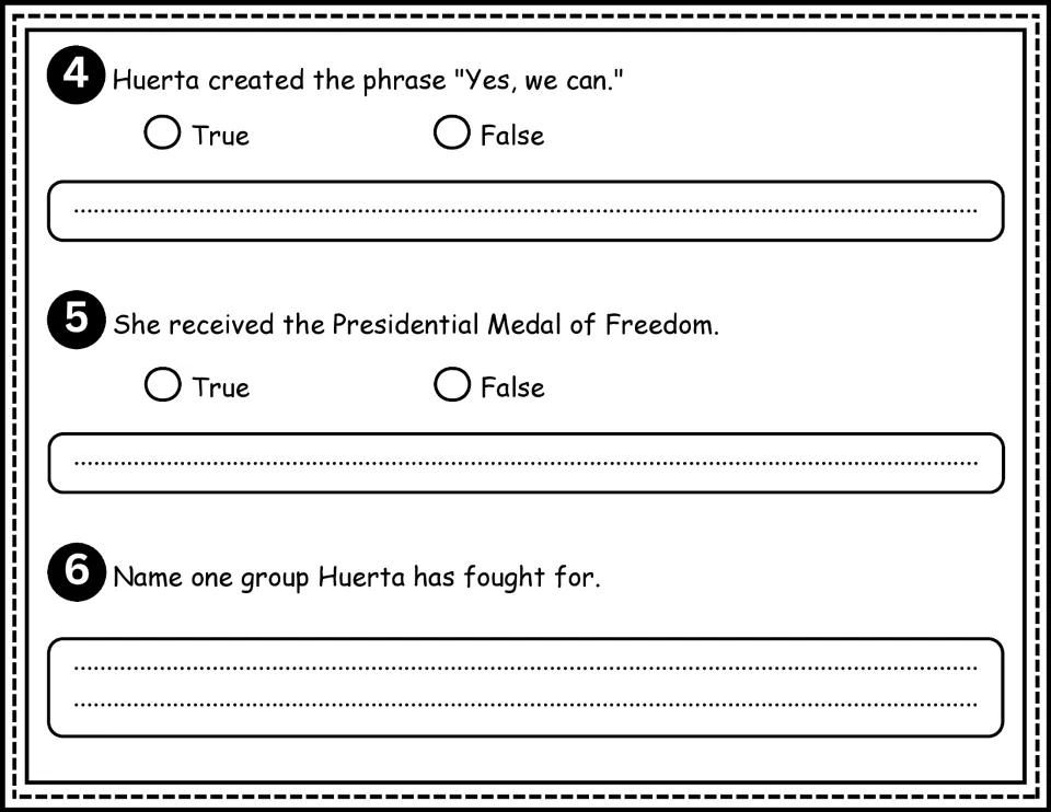 Comprehension questions 4–6 cover Huerta's “Yes, we can,” Medal of Freedom, and groups she fought for.