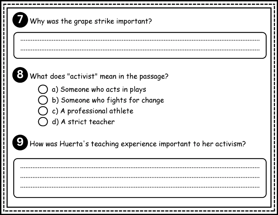 Comprehension questions 7–9 ask about the grape strike, the meaning of activist, and Huerta's teaching.