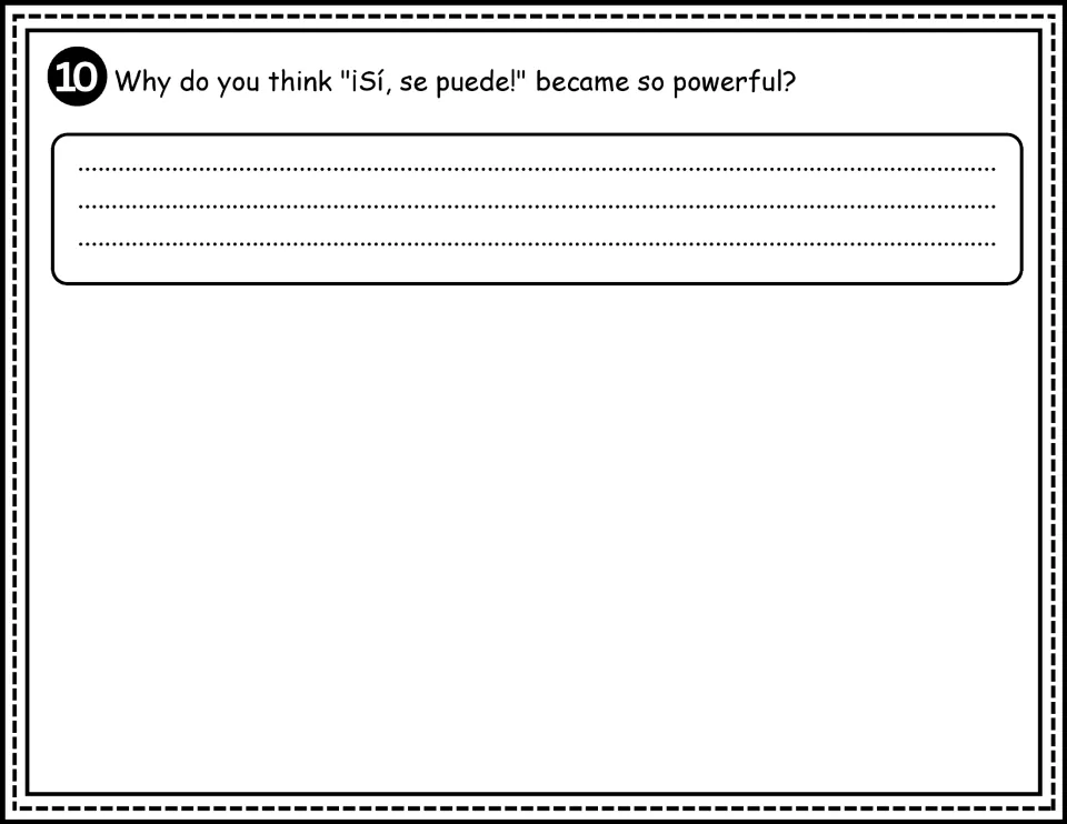 Comprehension question 10 asks why students think Huerta's rallying cry “¡Sí, se puede!” became powerful.