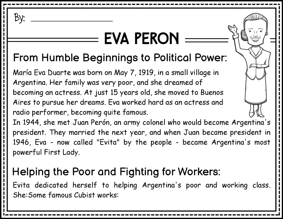 Black-and-white Eva Peron passage: born 1919 in Argentina, moved to Buenos Aires at 15, became Evita, First Lady in 1946