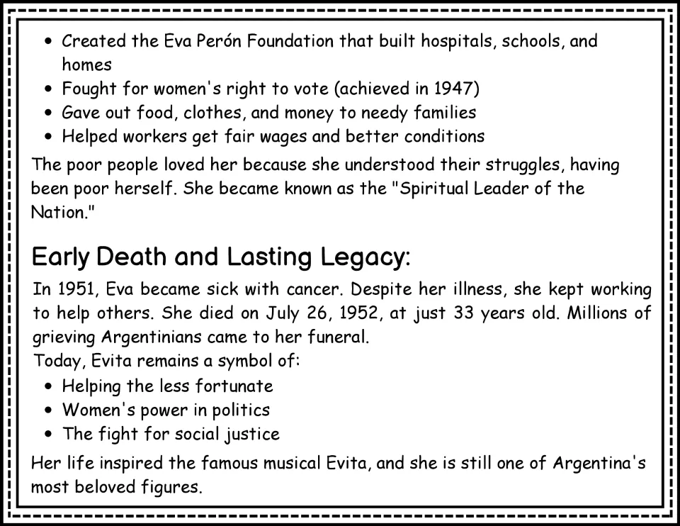 Passage continued: Evita's foundation, women's vote in 1947, help for workers, her death in 1952 at 33 and lasting legacy