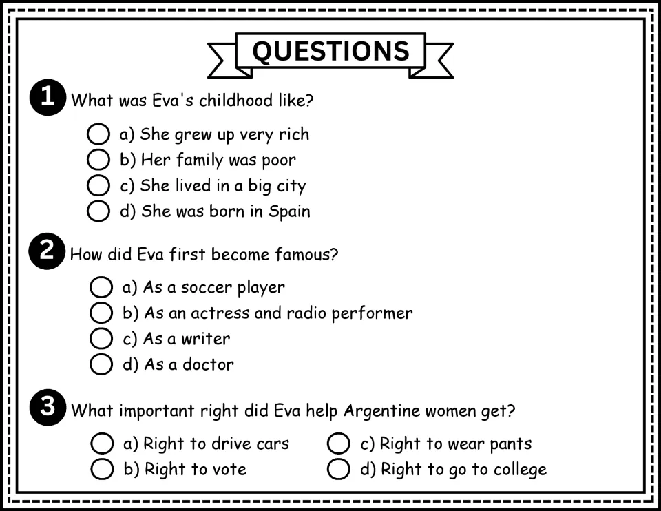 Reading comprehension questions 1-3: multiple choice on Eva's childhood, how she became famous and the right women gained