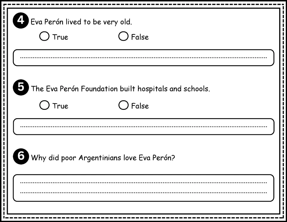 Questions 4-6 on Eva Perón: true or false with written explanation, then a short answer on why the poor loved her