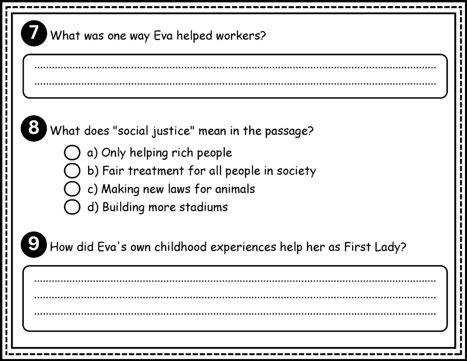Questions 7-9: how Eva helped workers, the meaning of social justice in the passage, and how her childhood shaped her work