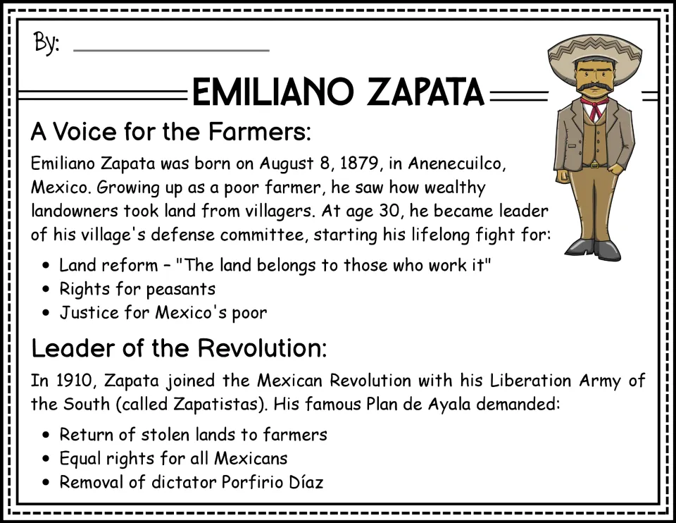 Biography opening: Emiliano Zapata's early life, farmers' land rights, and leadership in the Mexican Revolution