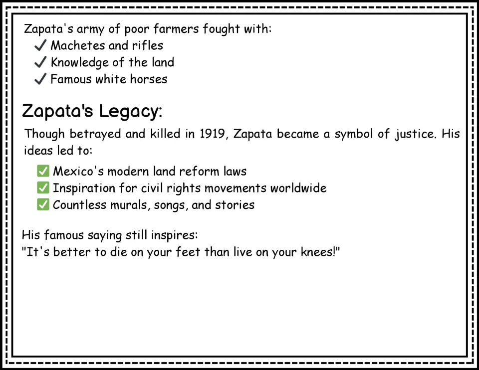 Passage continuation: Zapata's army, his death in 1919, and his legacy in land reform and civil rights