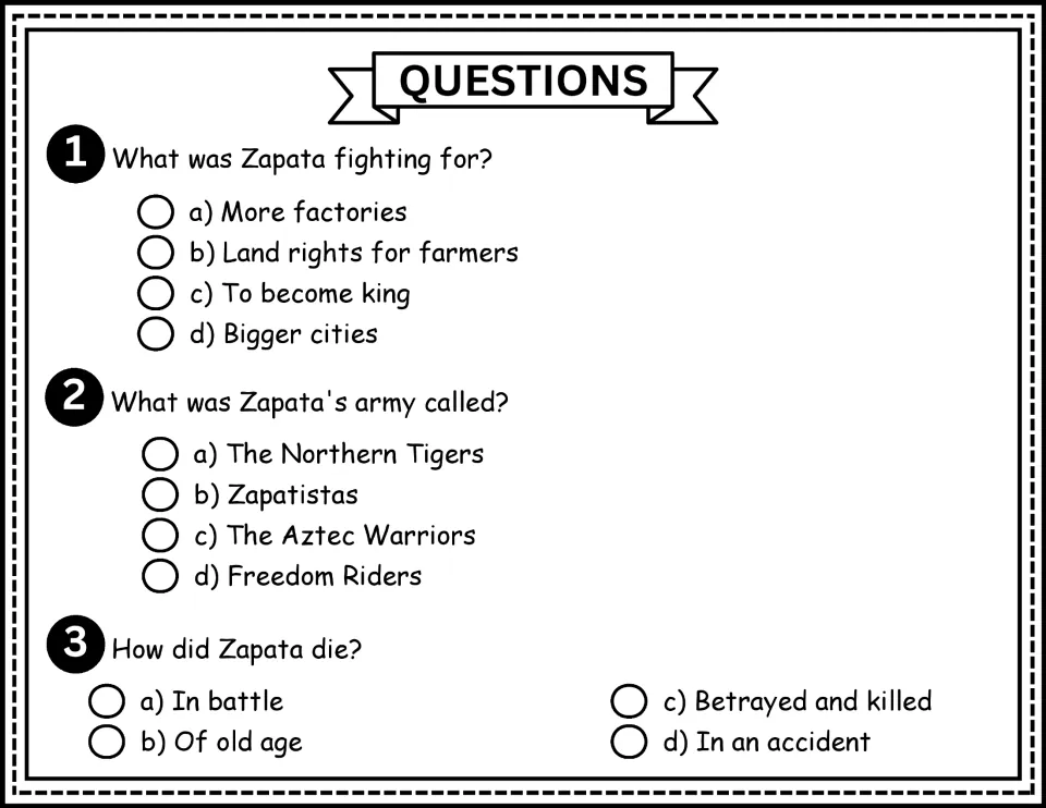 Comprehension questions 1–3: multiple-choice questions about Zapata's cause, his army's name, and his death