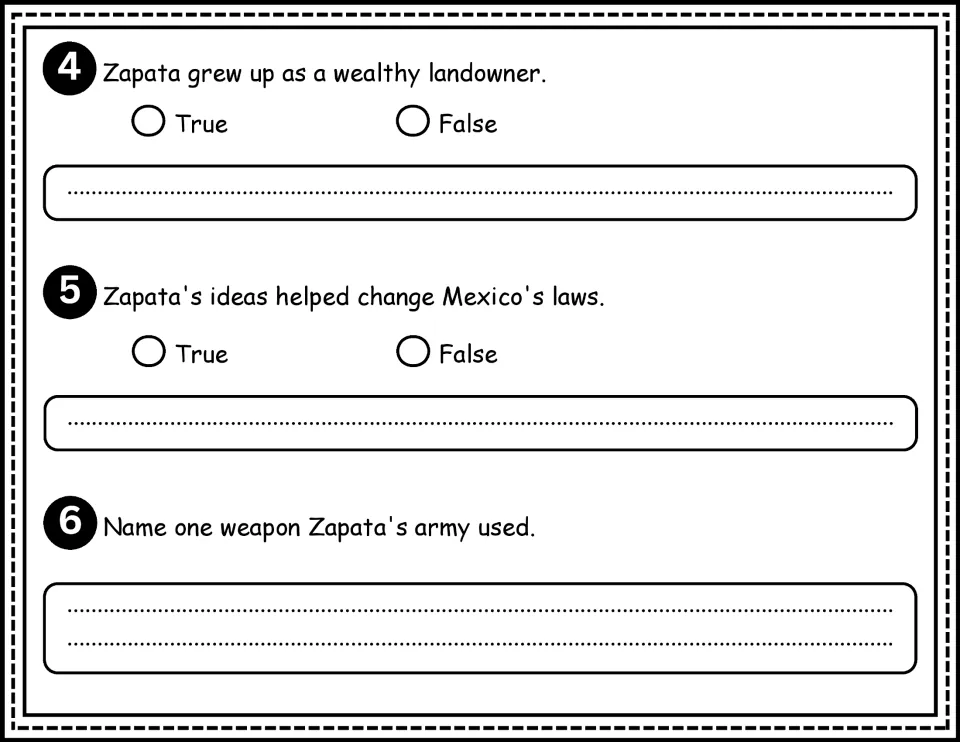 Comprehension questions 4–6: true or false about Zapata's background and influence, plus an army weapon