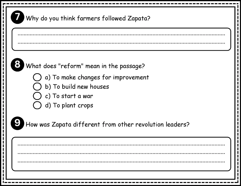 Comprehension questions 7–9: why farmers followed Zapata, the meaning of reform, and his differences as a leader